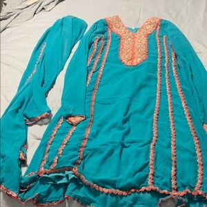 Vibrant Teal and Coral Long Sleeve Dress and scarf